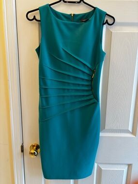 Suzy Shier Teal Sleeveless Sheath Dress with Gold Zip